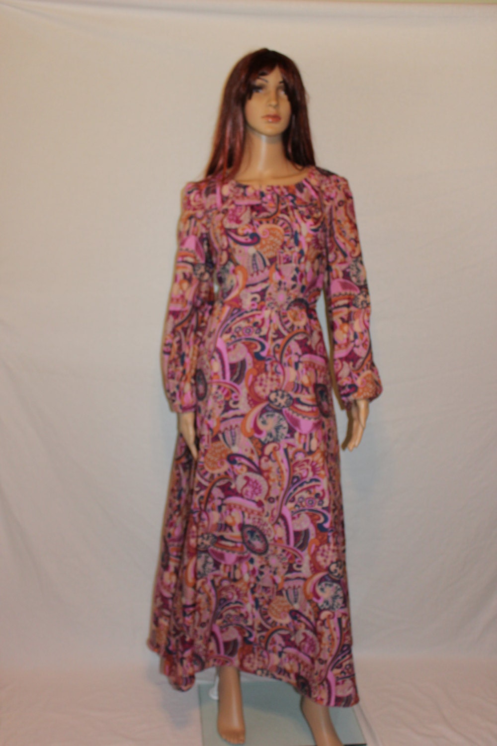 Vintage 60s Diolen Paisley Maxi Dress - Long Sleeve Boho Hippie Dress