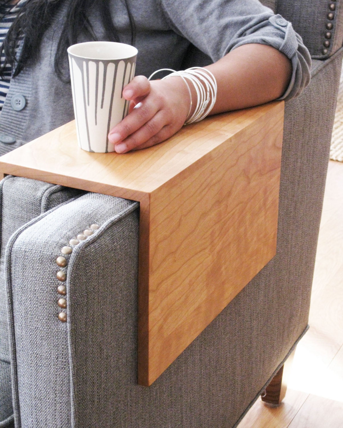 Couch Arm Wrap - SOLID WOOD custom arm drink rest laptop table for straight arm sofa