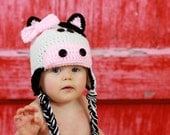 Crochet Cow Hat with bow, black and white, newborn up to adult