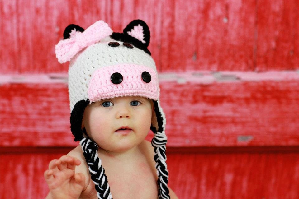 Crochet Cow Hat with bow, black and white, newborn up to adult