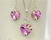 Rainbow sparkle jewelry set with earrings and necklace with Vitrail light Swarovski hearts, purple, pink, gray, peacock color mix