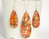 Jewelry set with large pendant, mosaic orange jasper with pyrite gemstone, teardrop shaped, modern, sterling silver, necklace and earrings