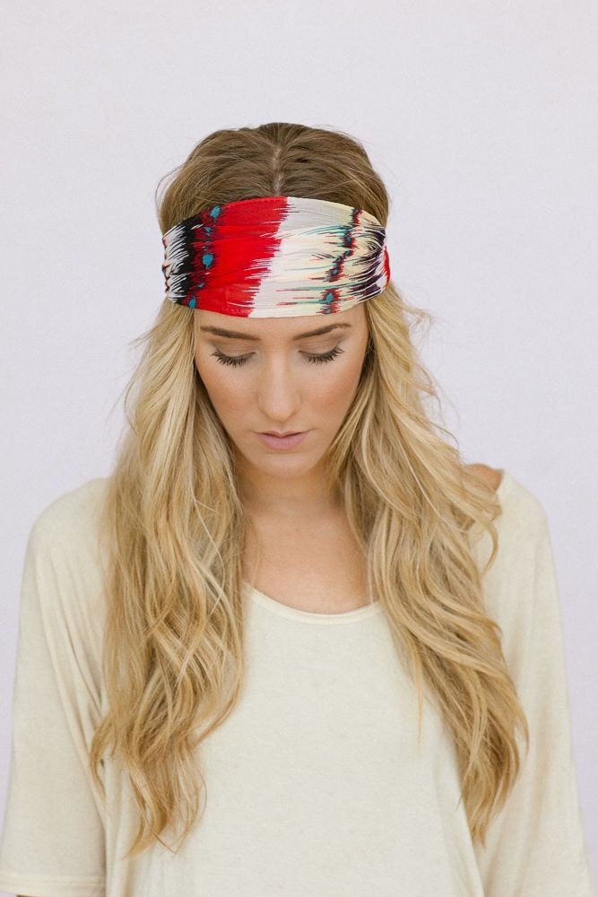 Feather Headband Chiffon Wide Hair Band Accessory Red, yellow, & black  feather chiffon headband Stretchy Head Wrap Fit (HB-WDE100B)