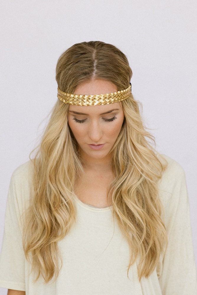 Boho Headbands Braided GOLD Headband Metallic Leatherette Thin Boho Bohemian Braided Women's Fashion Headband (HB-138B)