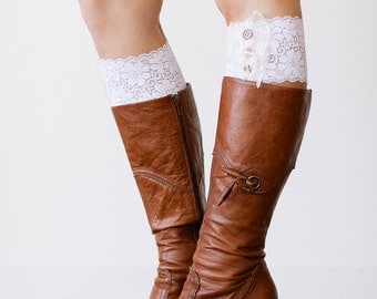 All Lace Boot Cuffs in White with Vintage Buttons and White Lace Detail - Up To Cuff Lace Boot Cuffs