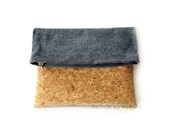 Cork and Denim Rectangular Clutch, woman modern purse, textile handmade handbag, foldover clutch, womens accessories, gifts for her