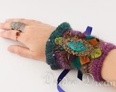Tribal Fusion Hippie Boho Gypsy Woodland Feather Crochet Wrist Cuff - Polymer Clay Flower Appliqued Ornament - Fiber Crochet Jewelry