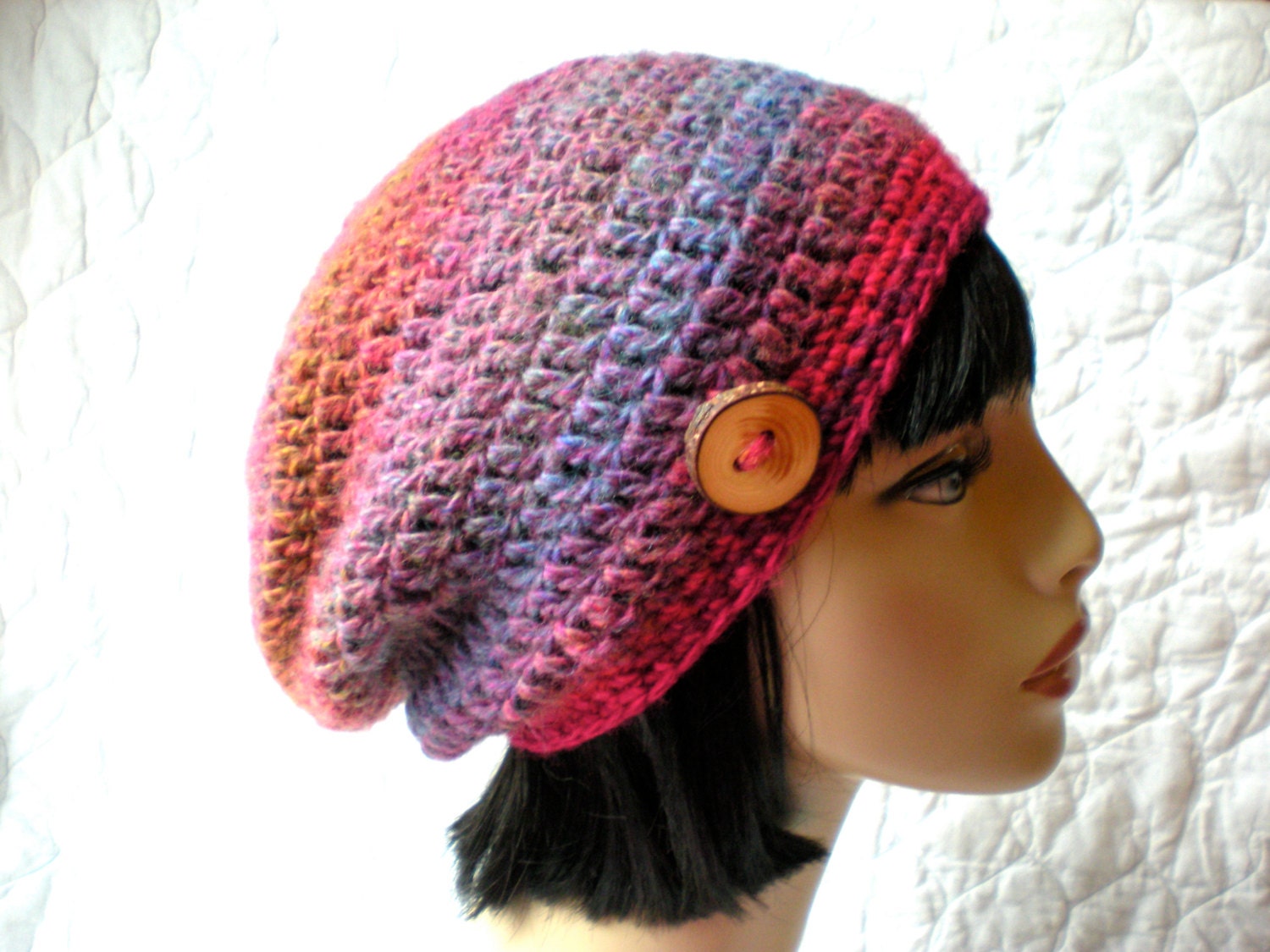 READY  to  SHIP-  Slouch Hat,  women/ teen slouchy beanie in Aurora, handmade crocheted winter fashion, handmade wooden button