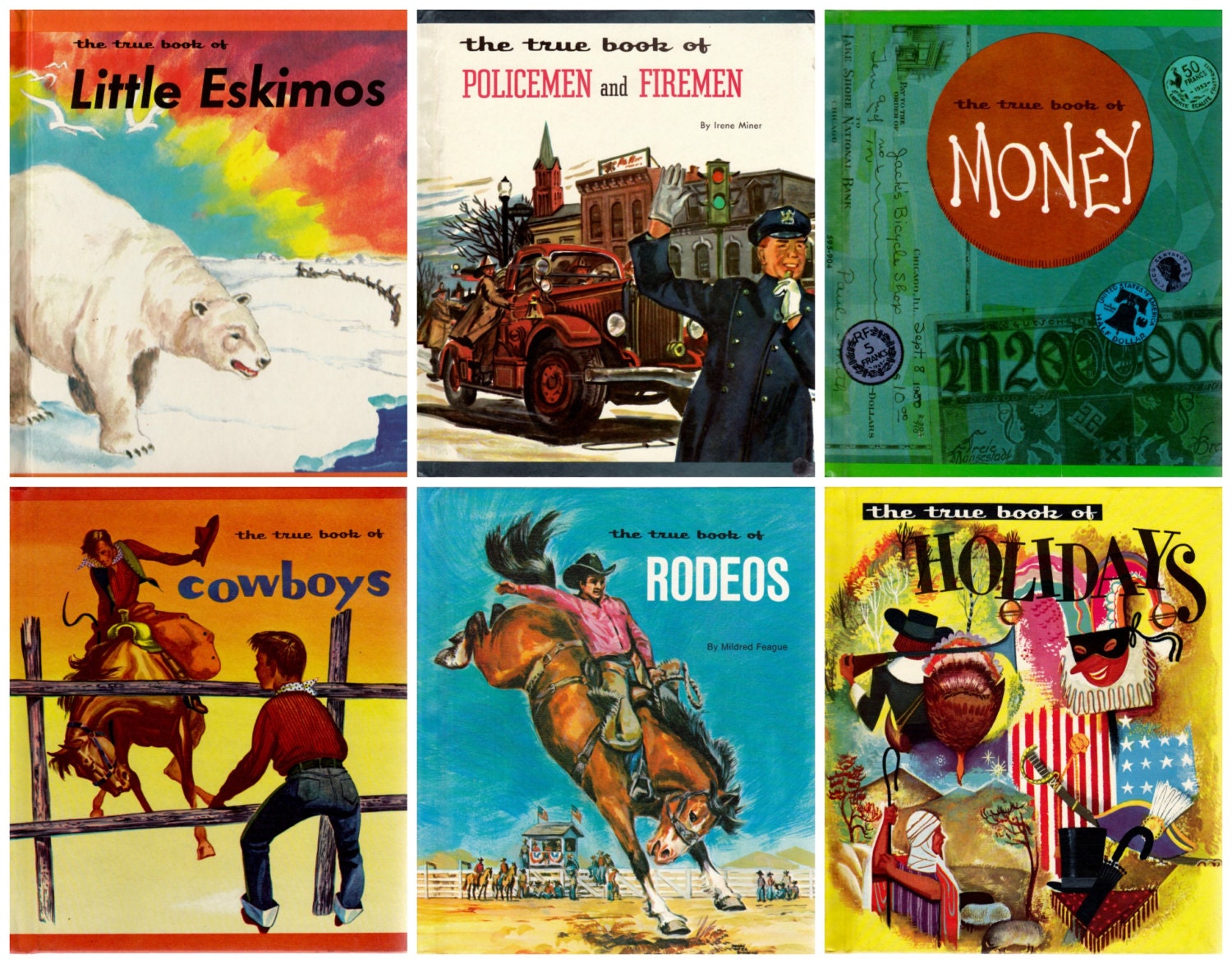 vintage kids book series The True Book of.... 6 titles, Rodeos, Cowboys, Money, Holidays, Policemen and Firemen,Little Eskimos