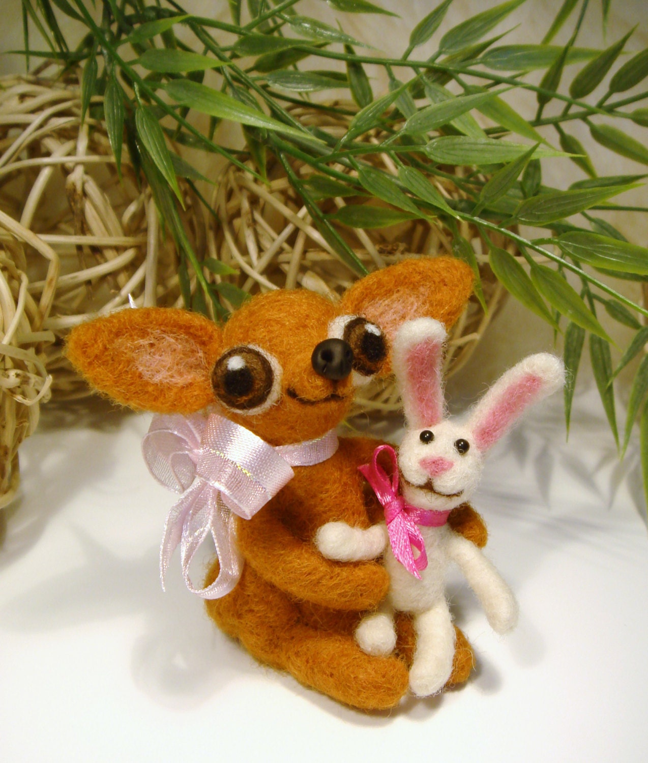 Needle Felted Chihuahua with bunny, Easter Bunny, Miniatures, Doll gifts, Soft Sculpture dogs, felted dog