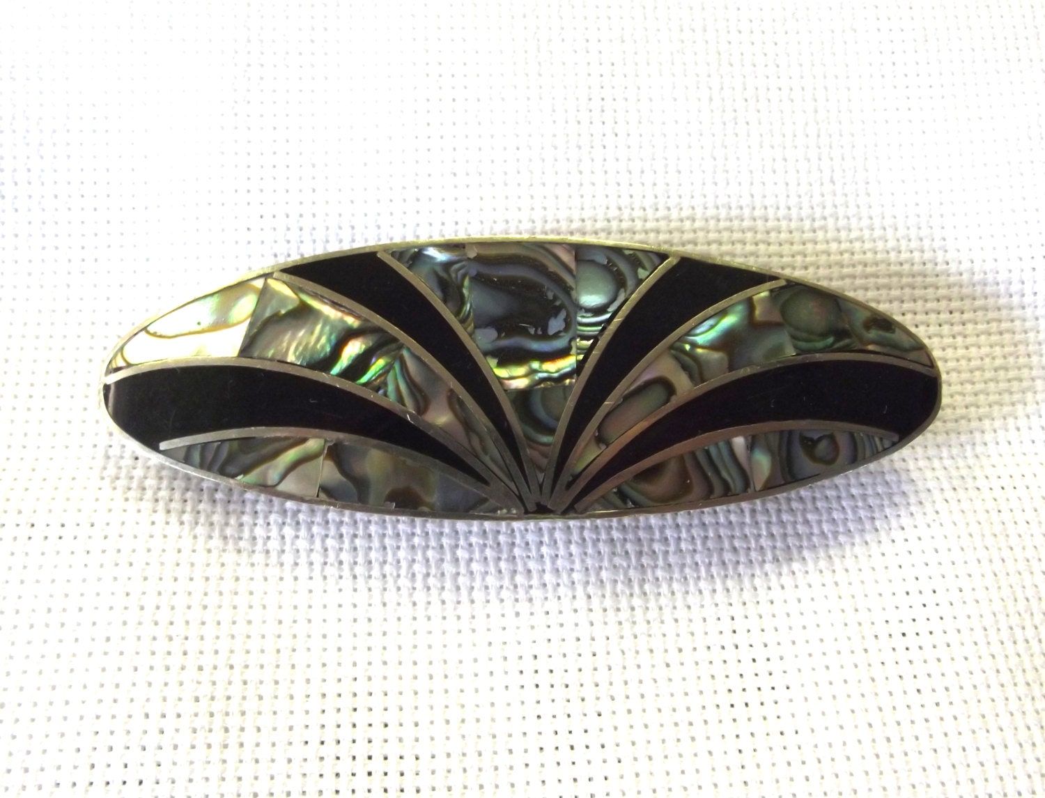 Vintage Accessory, Barrette, Abalone, Enamel, Sterling Silver Hair Clip, Mexico Modernistic