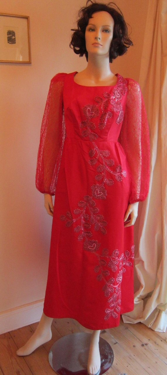 Vintage 60s Date-Maker red valentine evening dress, soutache braid pearls sequins Bust 42/44 PLUS SIZE