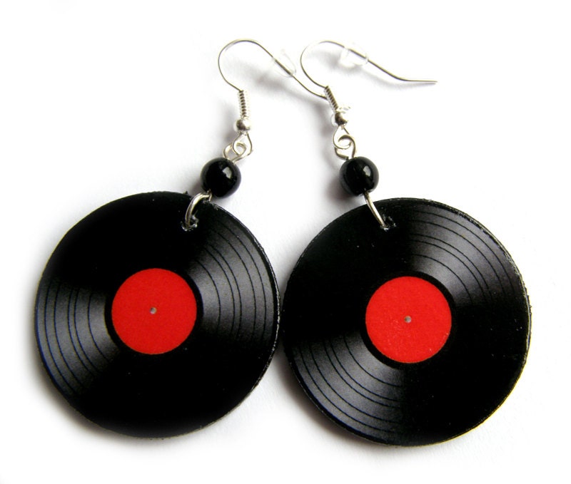 VINYL RECORDS decoupaged earrings red black white perfect gift retro oldschool
