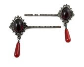 Garnet Red Hair Jewels Bobby Pins Pair with Cabochon and Glass Bead Teardrop - Gothic, Medieval, Victorian, Vampire, Goth, Lolita, Wedding