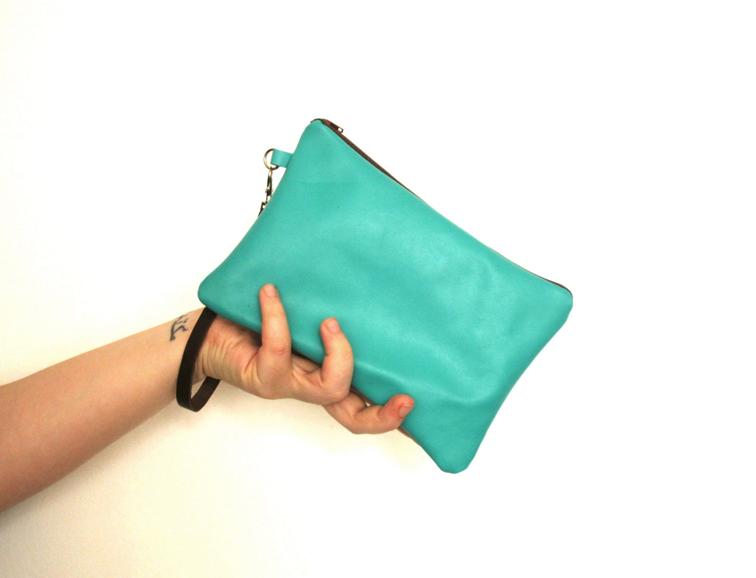 Leather Pouch, Cosmetic bag ,Clutch Purse, Mint Blue Turquoise Wristlet genuine leather