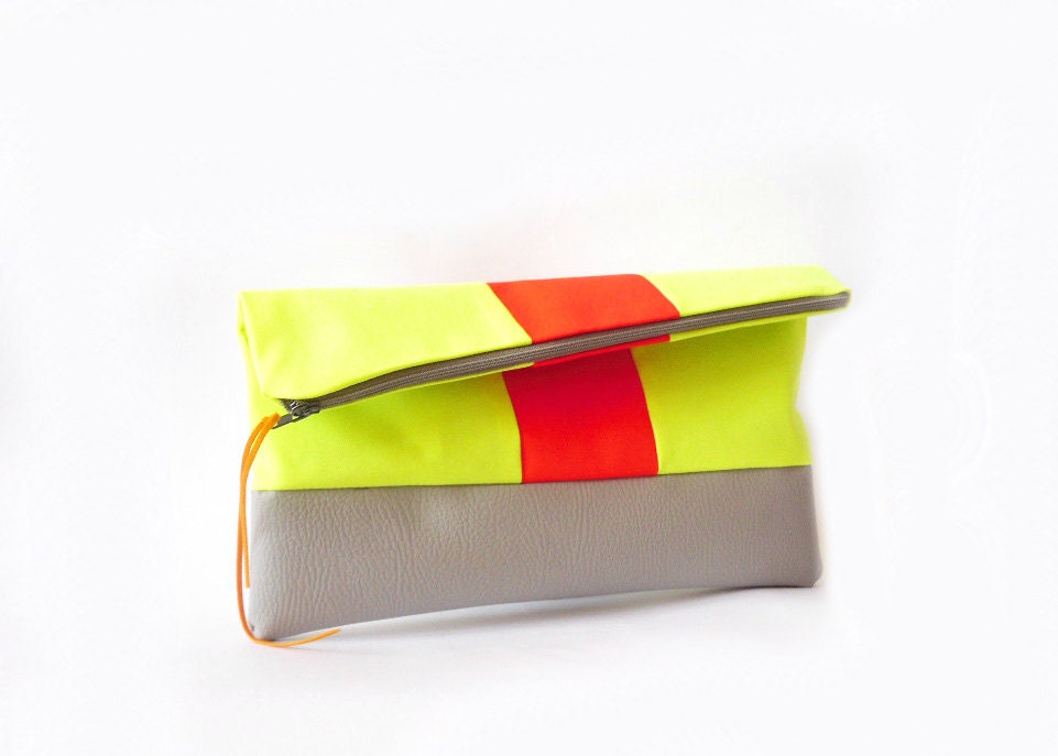 Neon Clutch , Fold over Vegan leather in grey, Neon and Orange Color Block