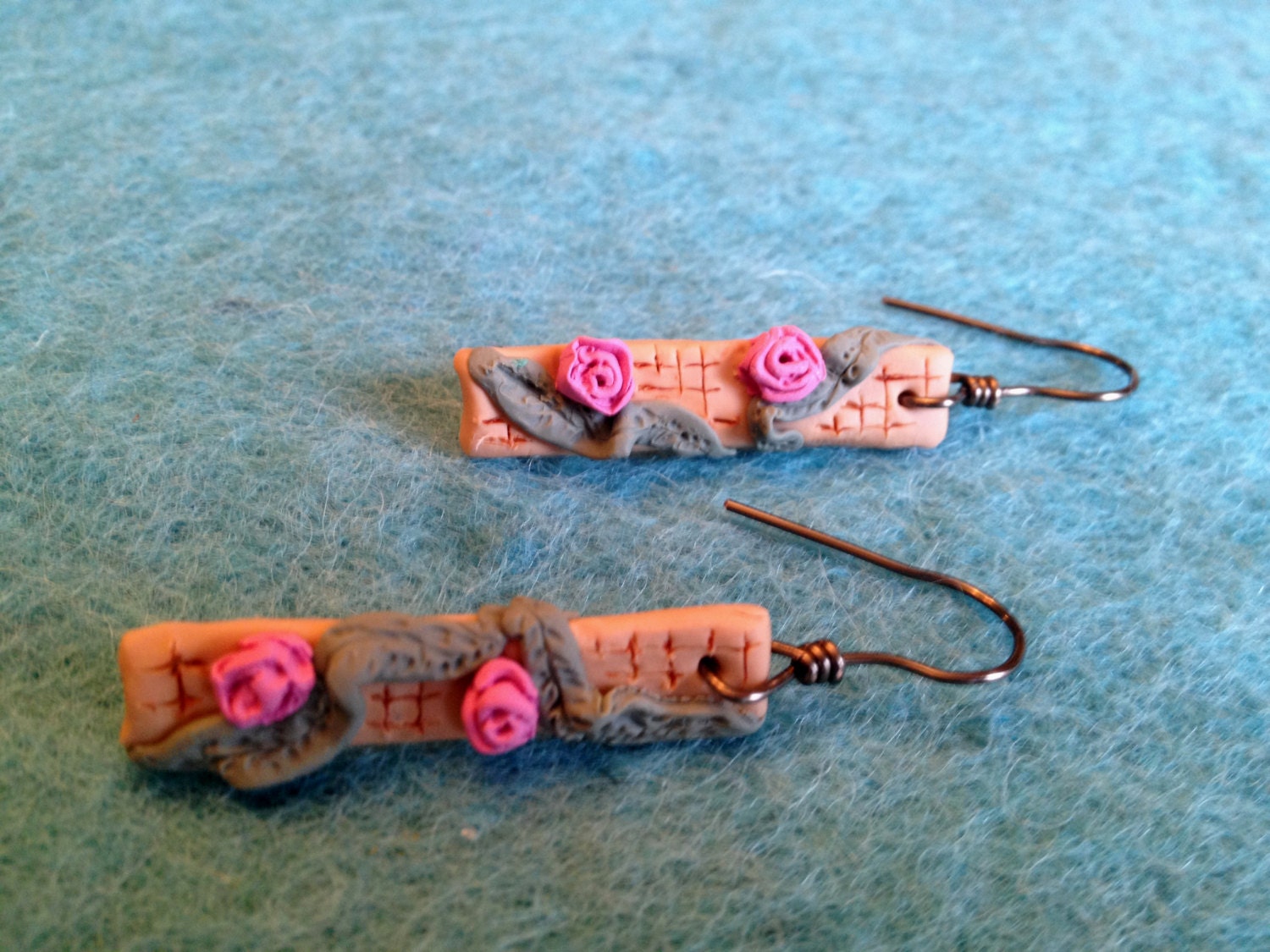 Handsculpted Flower and Vine Earrings - handmade earrings, polymer clay, romantic earrings, pink, floral, Valentine's Day, shabby chic