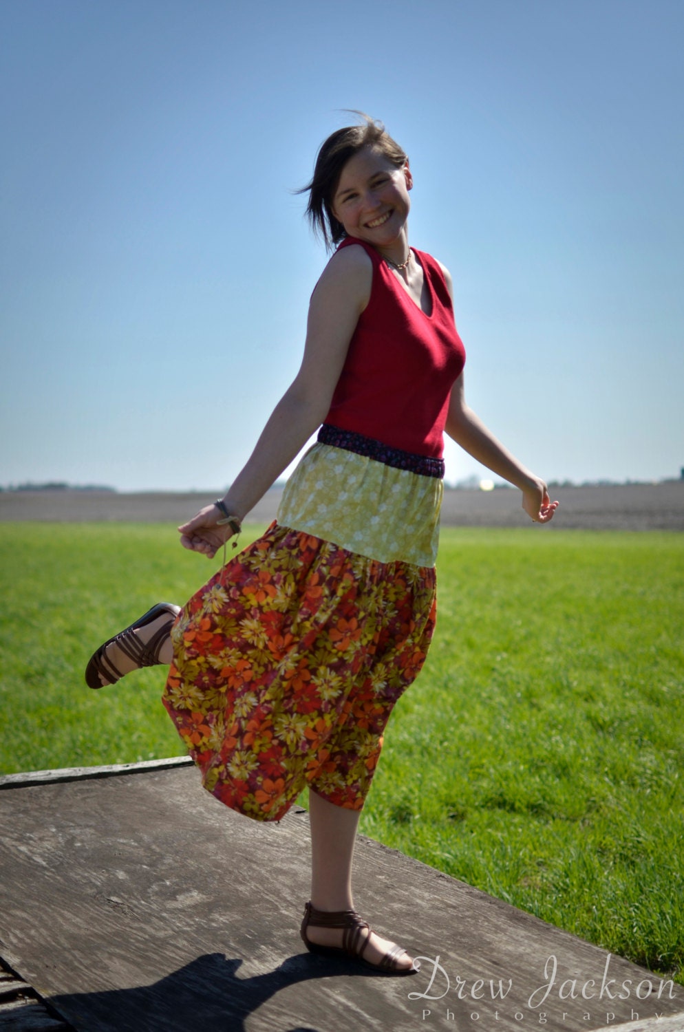 Womens Summer Skirt, Medium, Large, Orange and green floral skirt, ruffled skirt, Serendipity Skirts