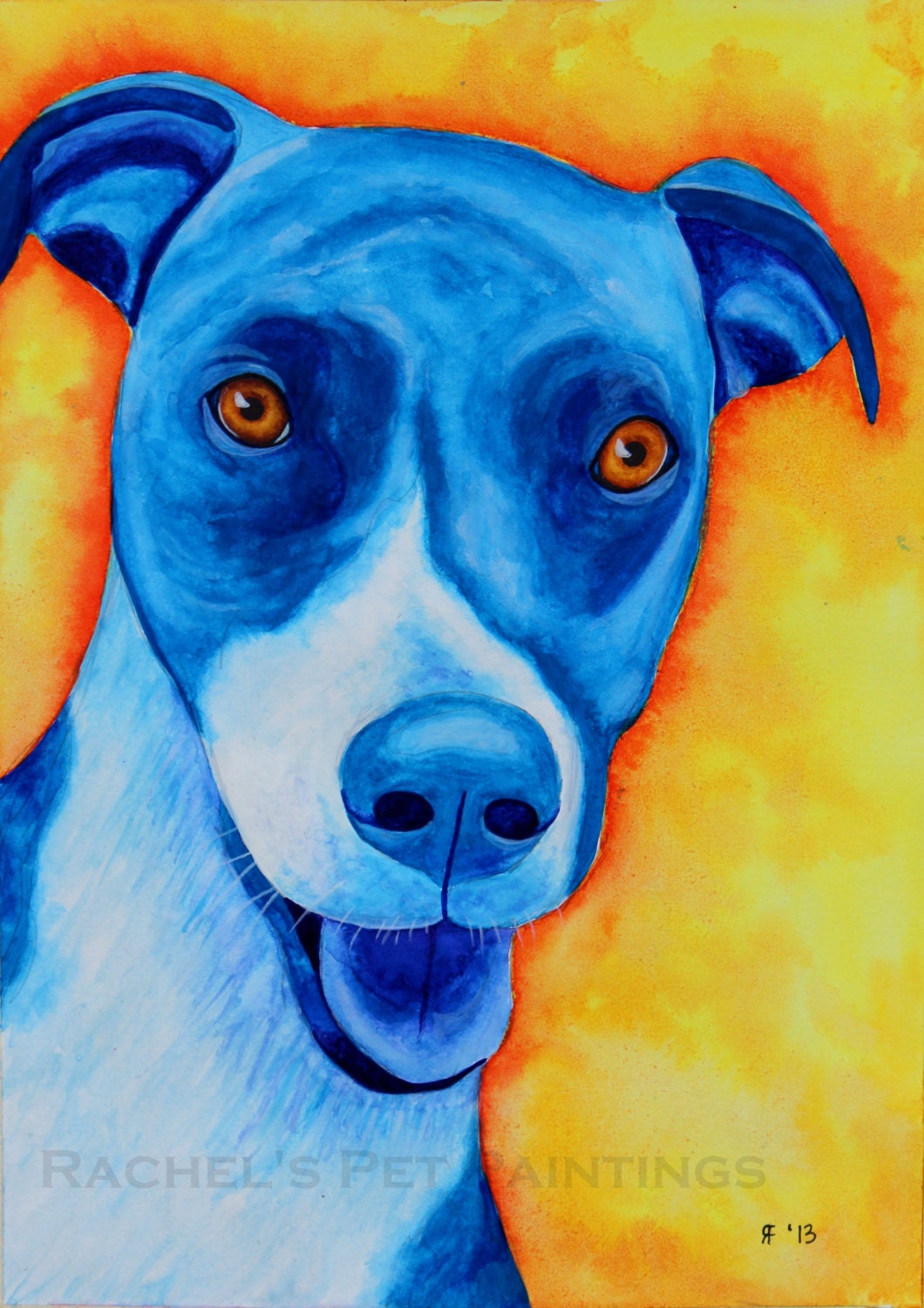 Pop Art Dog Painting,  Reproduction of Original Watercolor Pit Bull Painting , 8 x 10 Limited Edition Giclee Print