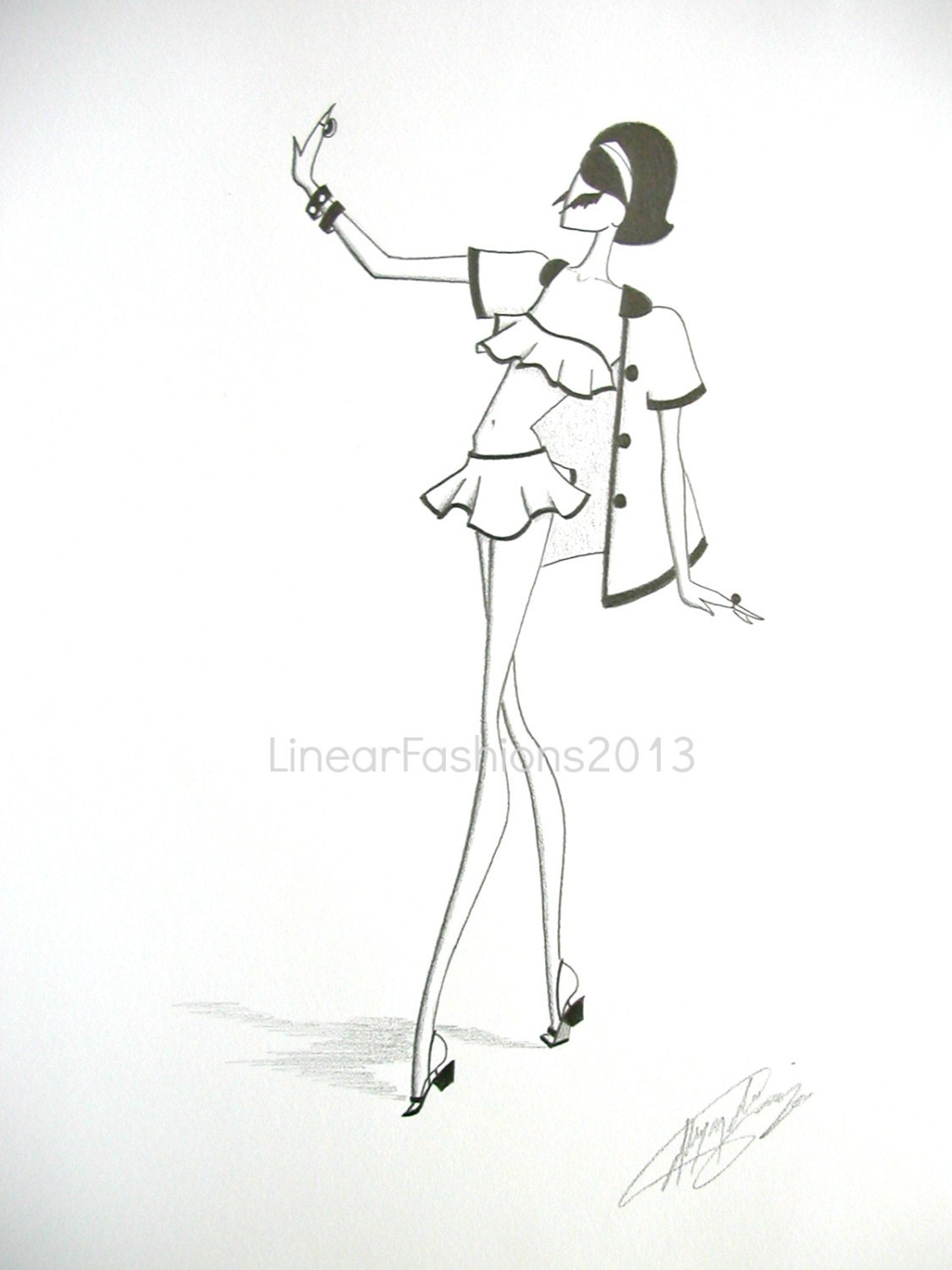 Coast to Coast - mod fashion illustration  - fashion sketch - original artwork - pencil drawing-  beach  decor - art gift