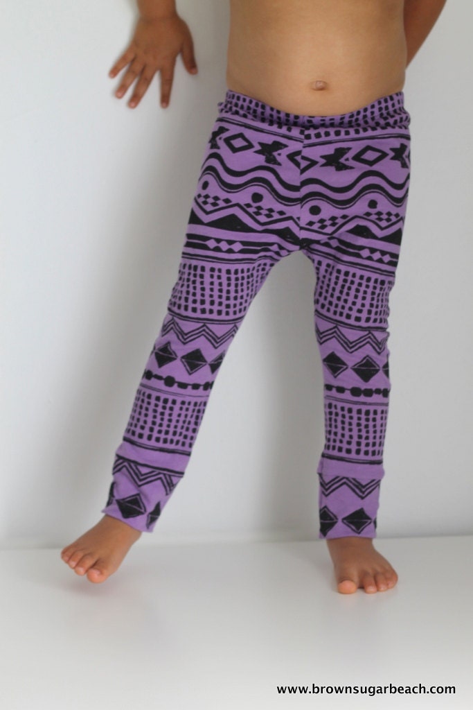 Kids Tribal Print Hipster Leggings- black and purple cotton jersey, ethnic print, harem style pants