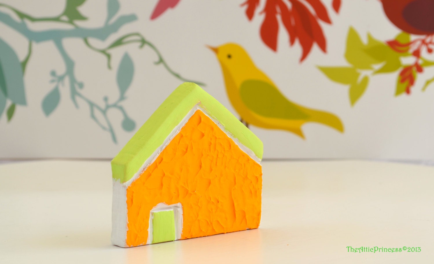 Miniature orange clay house, neon colors, spring summer home decoration
