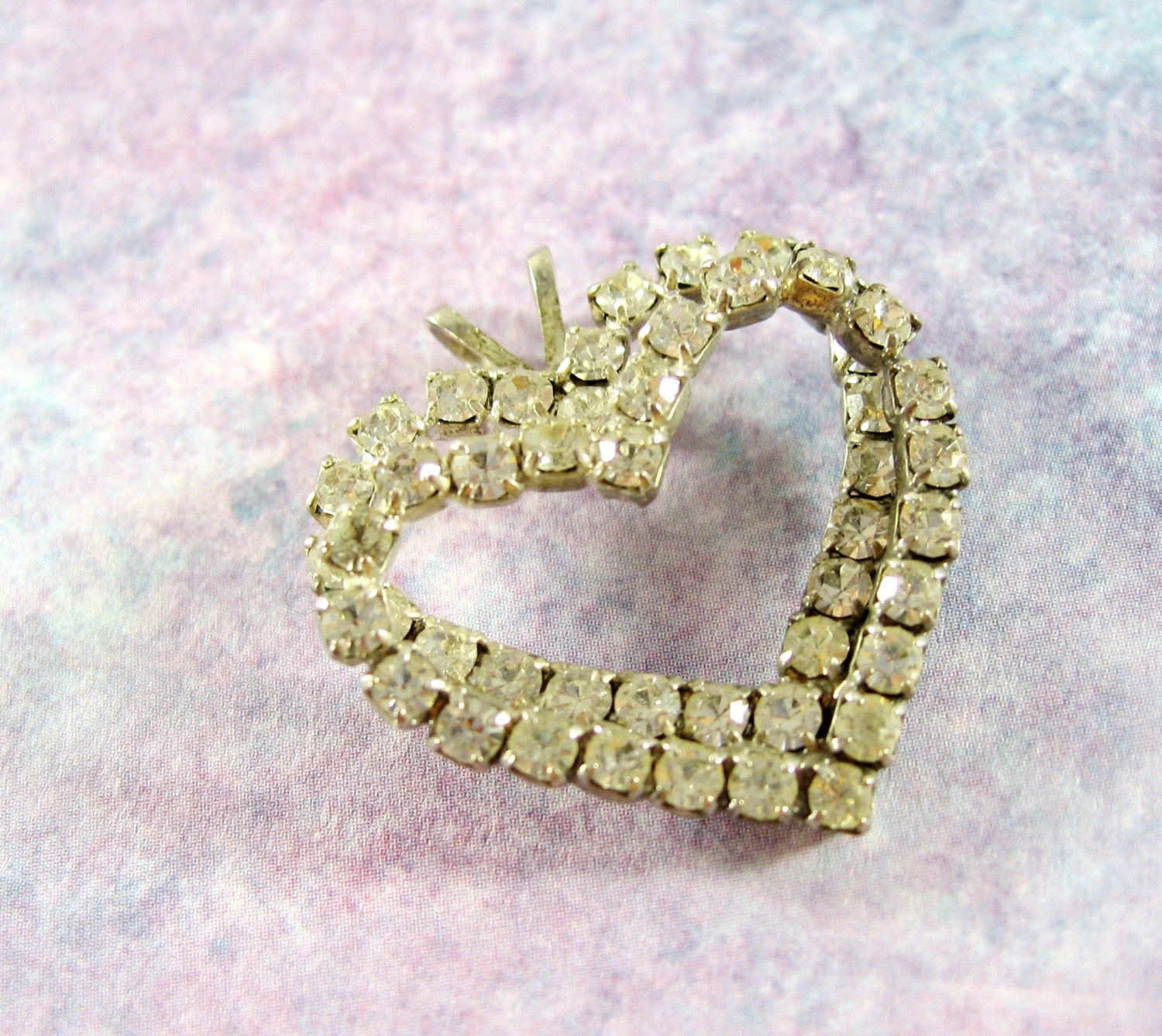 Vintage Necklace Pendant, Rhinestone Heart, Clear Glass Crystals, Silver Tone Metal, 1970s Romantic Sweetheart Love Jewelry