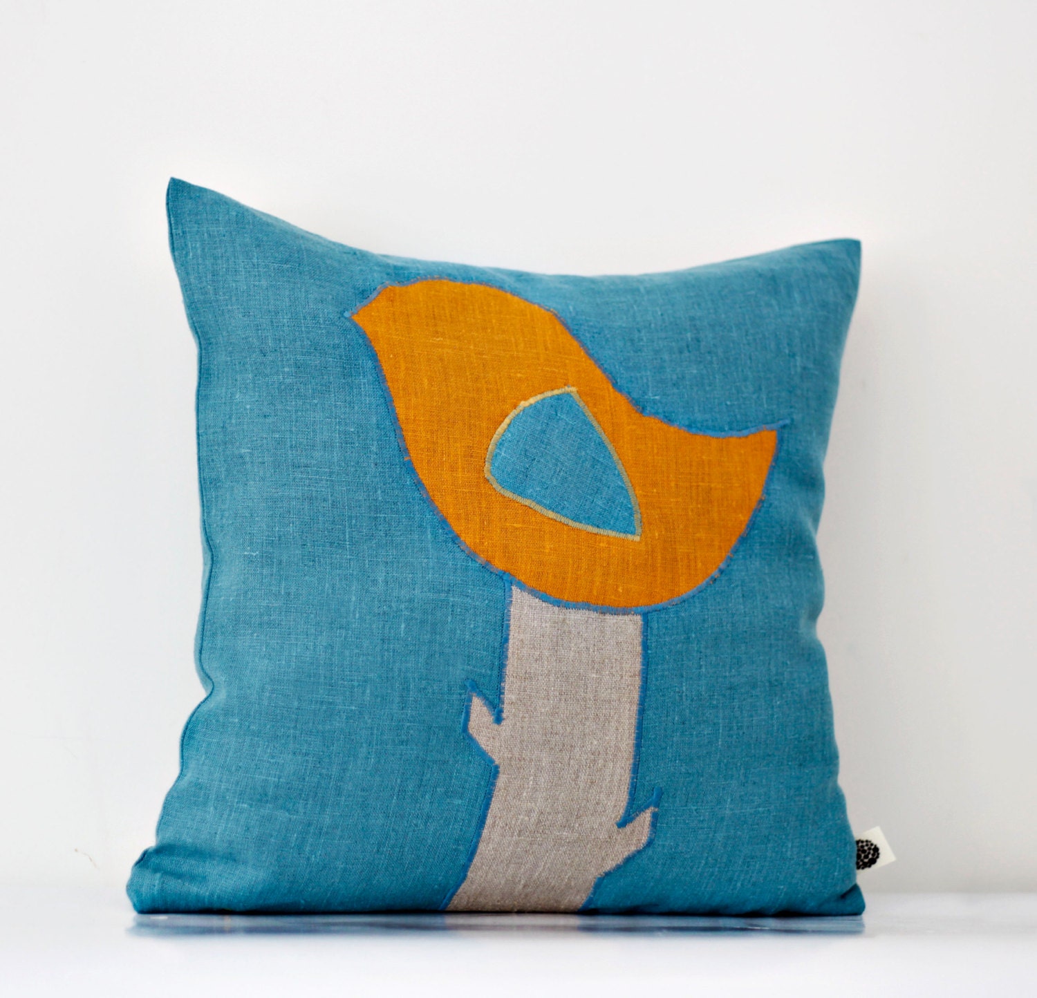 Bird applique on pillow cover - turquoise decorative pillows - linen shams - birds cushion case - 18x18