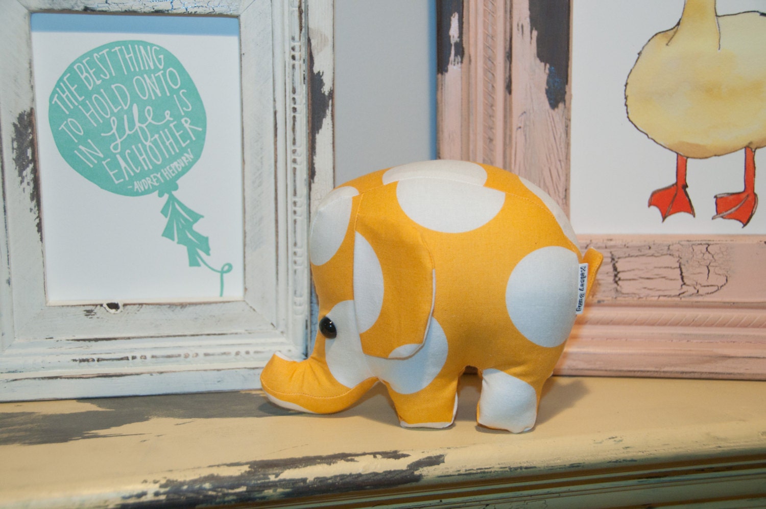 elephant stuffed animal- yellow with large white polka dots