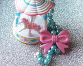 Pastel Carnival - Glass Pearl Necklace with Carousel and Bow Charm