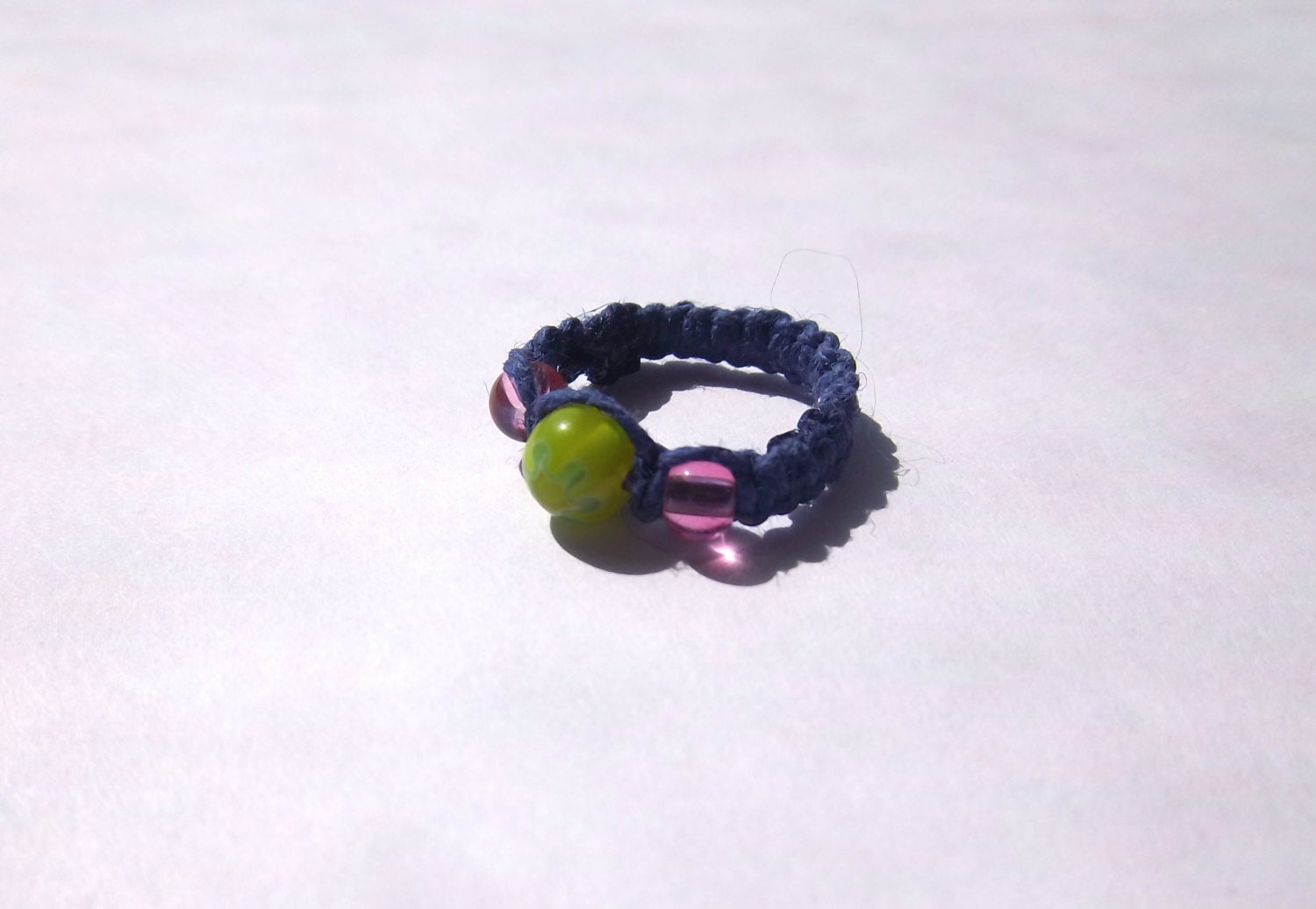 Pink and Green Beaded Ring with Dark Blue Hemp Size 3.75