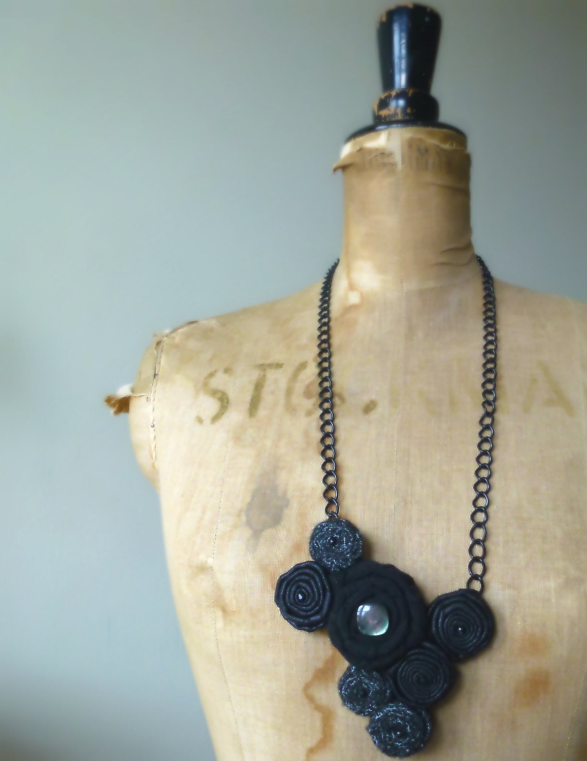 Fibre Necklace - Fabric Beaded Flowers in Black and Grey