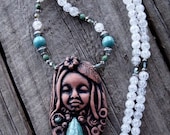 Celestine Spirit Handcrafted Beaded Glass and Clay Pendant Beadwork Necklace