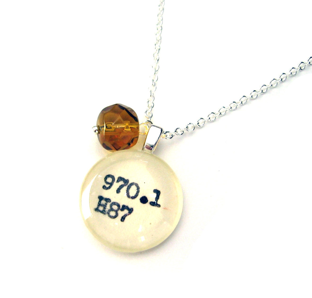 Faceted Cognac Amber Honey Butterscotch Glass Globe Dewey Decimal Vintage Card Catalog Sterling Silver Necklace