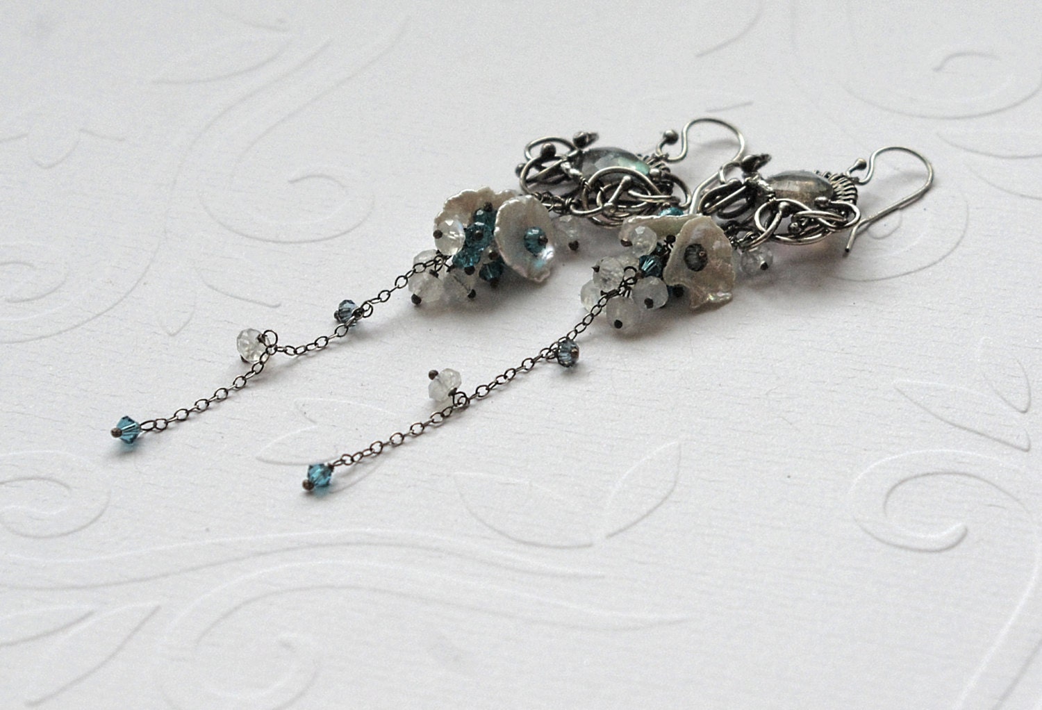 Sterling Silver Chain Chandelier Earrings Wire Wrapped Labradorite Gemstone Dangle Blue Grey OOAK Jewelry