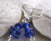 Stacked Cobalt Blue Sea Glass Earrings with Sterling Silver. RARE.