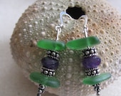 Green Sea Glass and Amethyst Dangle Earrings.