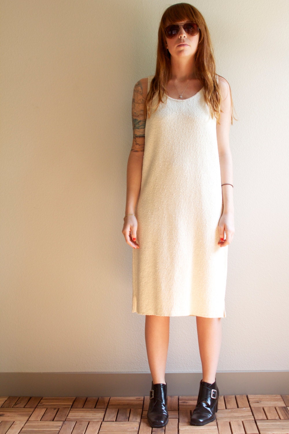 White Cotton Textured BOHO Sleeveless Summer Tank Dress S M
