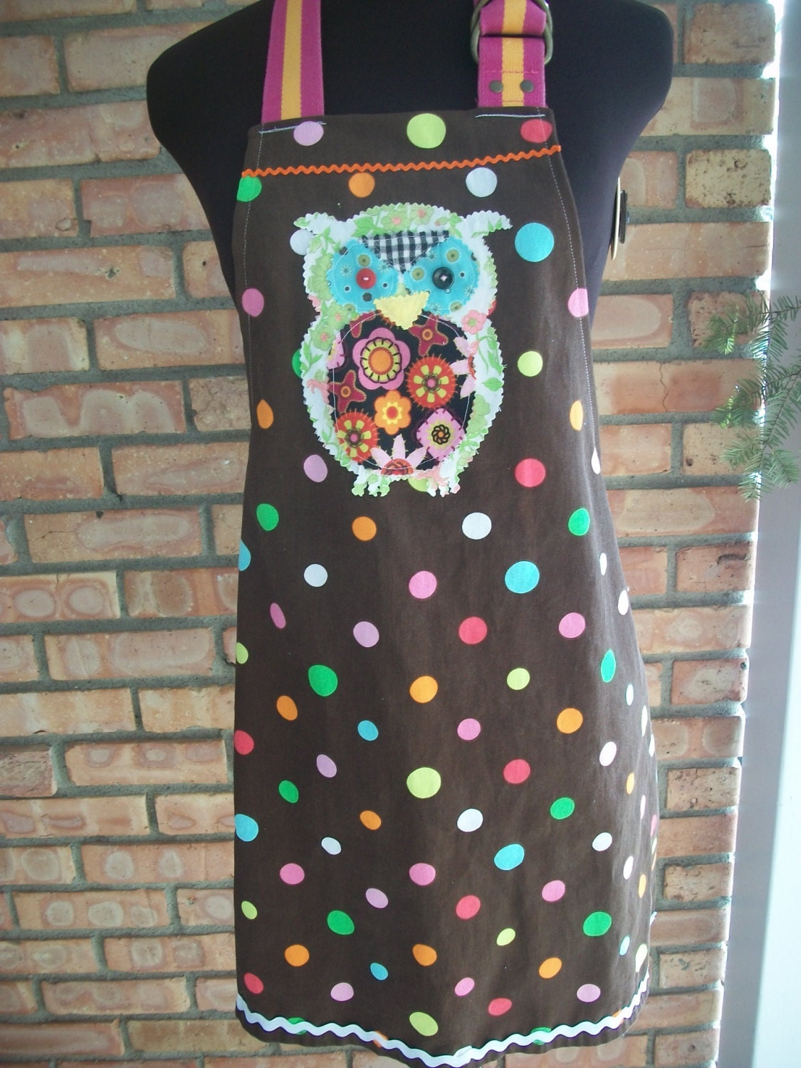 Owl Apron w/ Brown Polka Dots