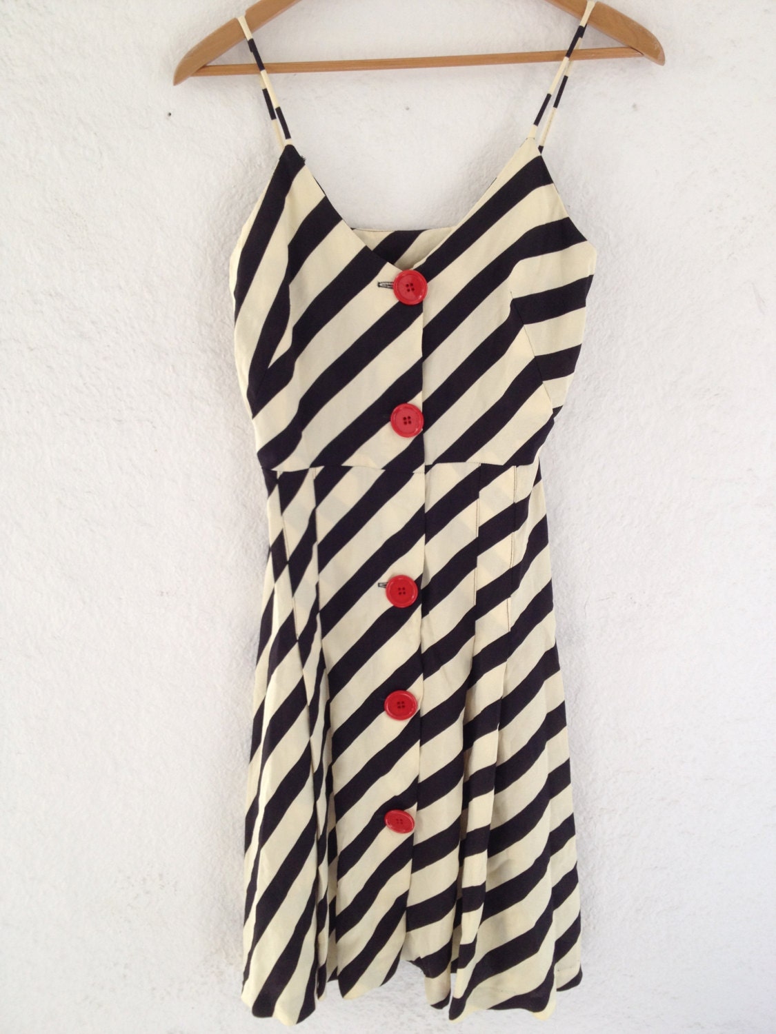 Vintage Striped Dress w/ Red Buttons Pleated Skirt
