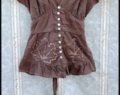 Batik Blouse - Junior's Small - Brown - Leaves -100% Cotton - Hand Dyed