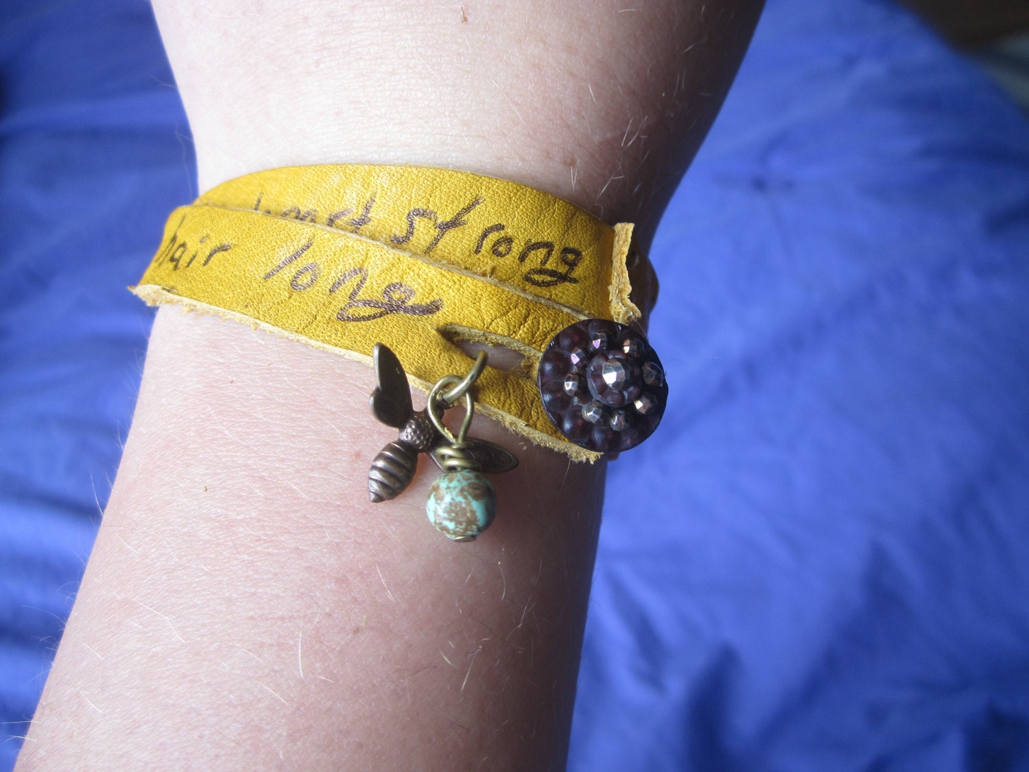 Ben Howard Lyrics Bracelet - Keep Your Head Up - Leather double wrap bracelet with vintage button and charms -