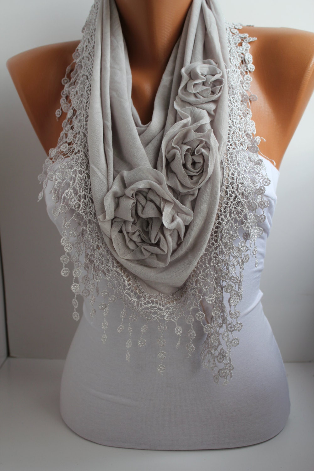Light Gray Cotton Shawl/ Scarf - Headband -Cowl with Lace Edge