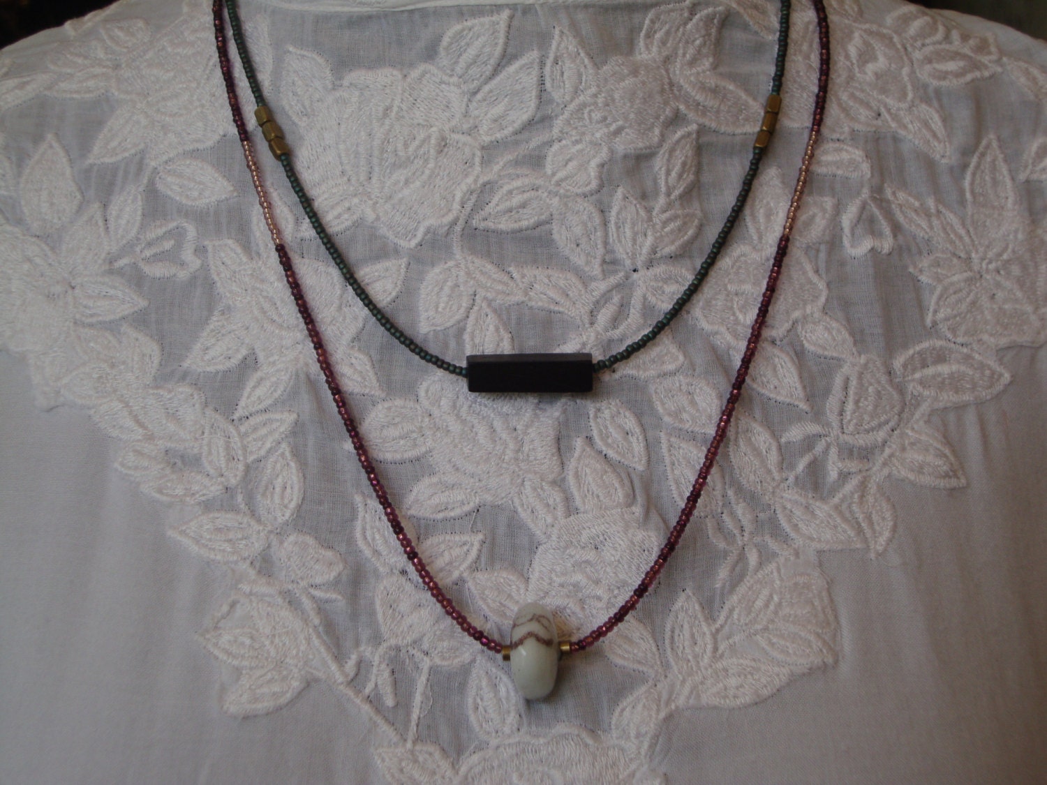 ModernTribal Necklace- Long Seed Bead Necklace in Rasin, White and Lavender, Minimal Layer Necklace, Boho Chic
