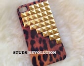 Studded hard snap on glossy leopard iPhone 4/4S case with gold pyramid studs ready to ship in next business day :)