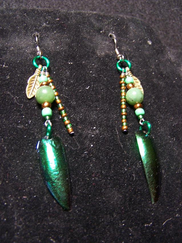 beetle shell, jade, feather charm earrings