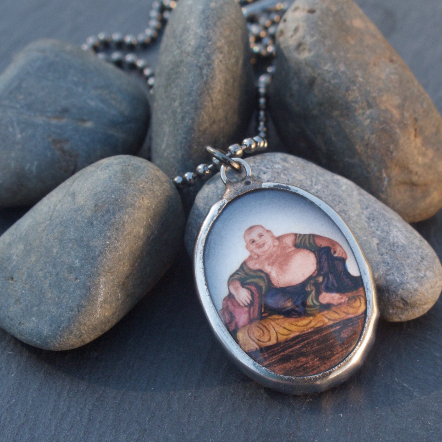 Happy Buddha Necklace, Buddha, Happy Buddha Hangs from Ball Chain, Buddha Jewelry, Buddhist Jewelry