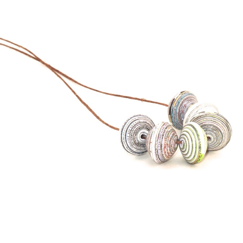 Paper Bead Necklace, Paper Beads Hang on Brown Hemp Cord, Earth Day Necklace, Eco Friendly, Upcycled