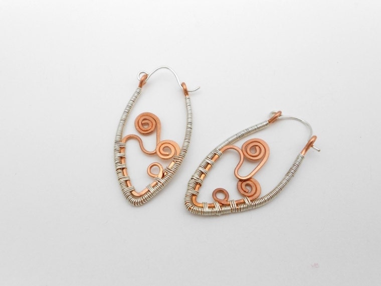 Silver and Copper Wire Wrapped Earrings, Mixed Metal, Wire Wrap, Wire Wrapped Earrings