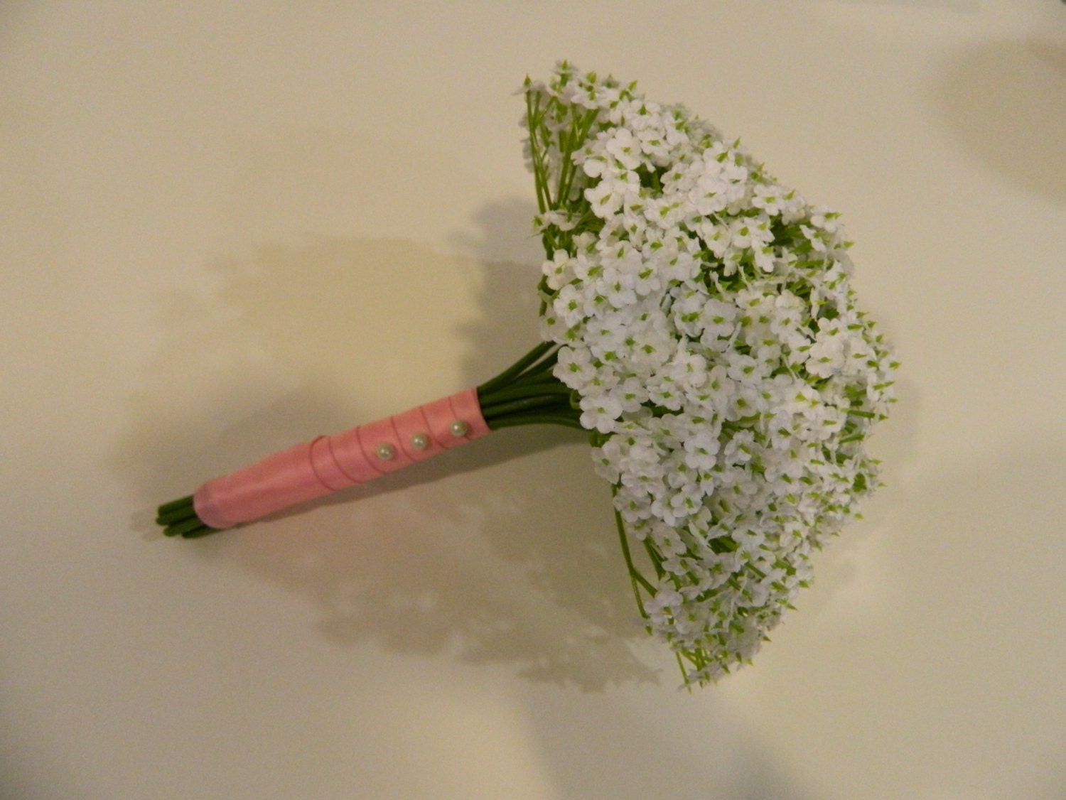 Flower girl bouquet, Queen Annes Lace, White, Green, Pink, Pearl pins, bridal bouquet, silk wedding bouquets, artificial wedding bouquets